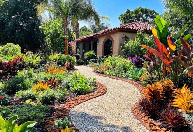 Un jardin aménagé avec du gravier décoratif, bordures élégantes et plantations verdoyantes