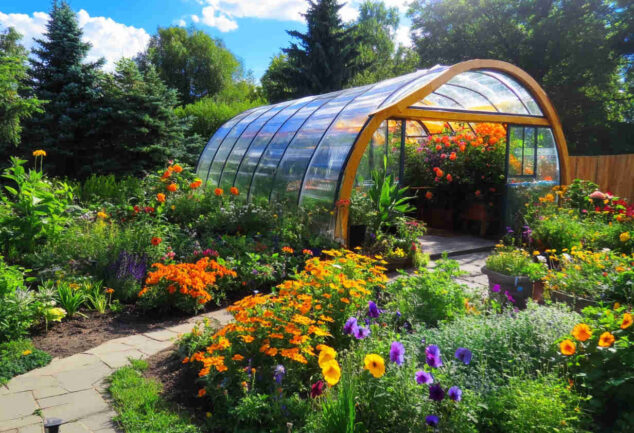 Une serre de jardin équipée d’une bâche transparente et robuste, entourée de plantes vertes et de fleurs colorées.
