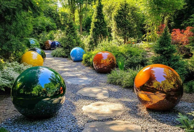 Une boule décorative en verre réfléchissant posée sur un lit de gravier entouré de verdure