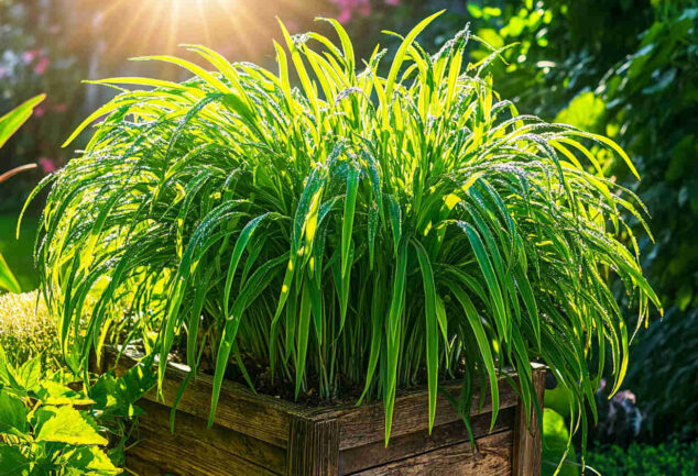 Une plante de citronnelle verdoyante, parfaite pour une utilisation en cuisine et au jardin, offrant des bienfaits multiples.
