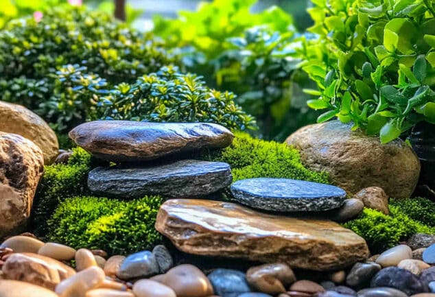Une allée de pierres naturelles entourée de verdure dans un jardin magnifiquement aménagé