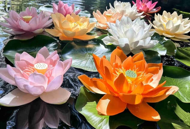 Fleur lotus rose épanouie, flottant sur une étendue d'eau paisible, capturée en gros plan pour révéler ses détails délicats.
