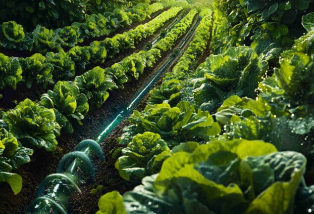 Un système d’arrosage goutte-à-goutte installé dans un potager, avec des rangées de légumes bien arrosés.