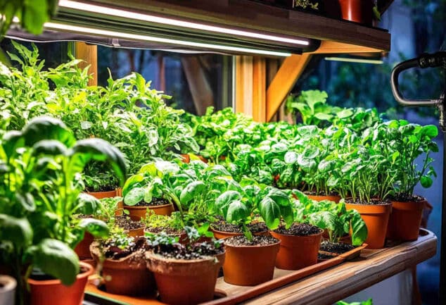 Une lampe horticole LED éclairant des plantes en pot, créant un environnement lumineux et propice à leur croissance.