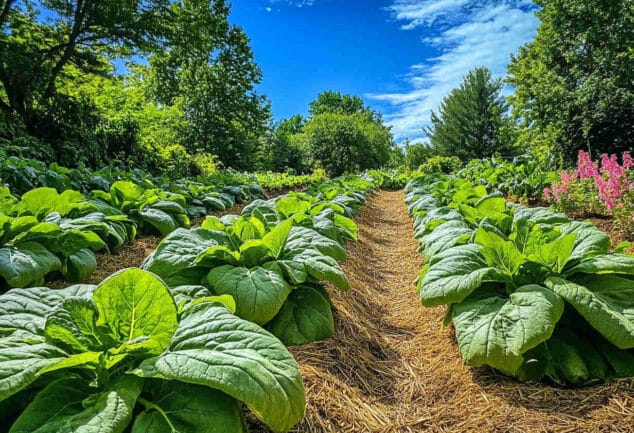 Potager avec paillage de paille, montrant des légumes sains et un sol protégé.