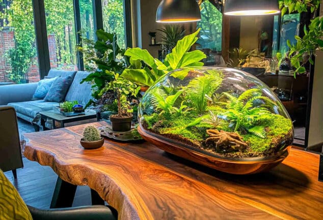 Un terrarium élégant contenant une variété de plantes tropicales et décoratives.