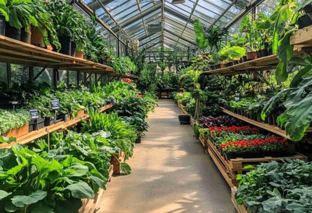 Vue réaliste d’un potager en serre, rempli de légumes verts, tomates et herbes fraîches, parfaitement organisé et lumineux.